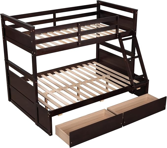 Twin Over Full Bunk Beds with 2 Under Bed Storage Drawers, Stronger & More Stable Bunkbed, Espresso
