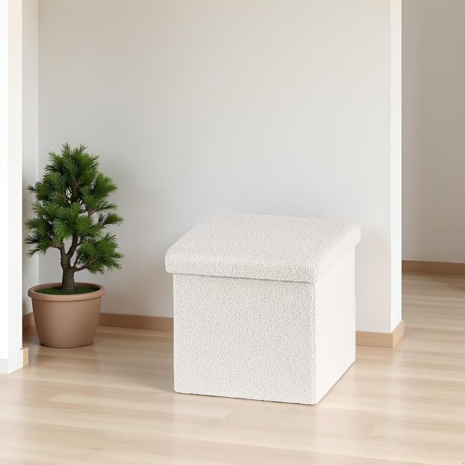 15 Inches Small Storage Ottoman - Square Ottoman with Sherpa Top,Storage Bench for Bedroom,15" L x 15" W x 15" H-White