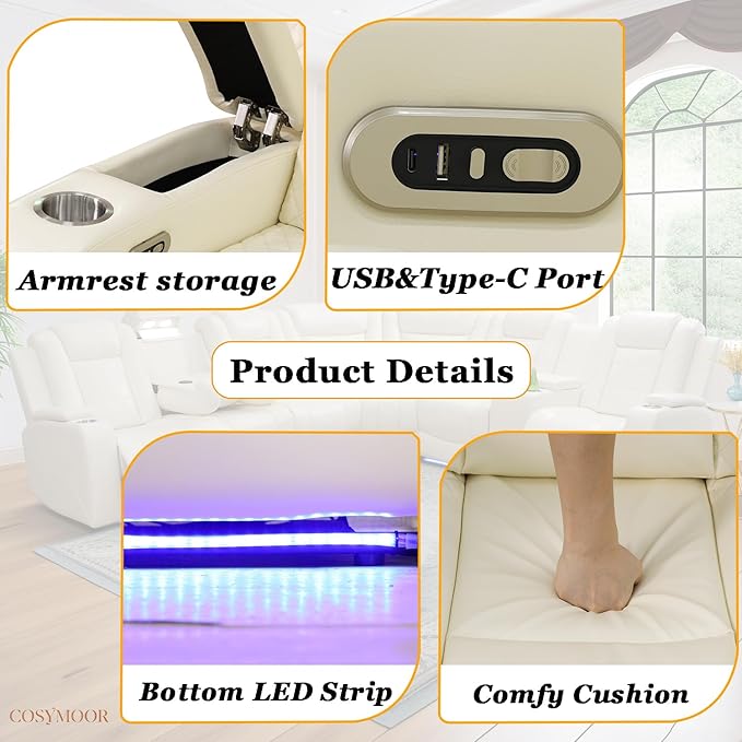 Power Recliner Sofa Sectional Couch with LED Light for Living Room, Cream White Leather Reclining Corner Sectional Sofa with 4 Recliner Seats,Cup Holder,Storage Console for House/Home