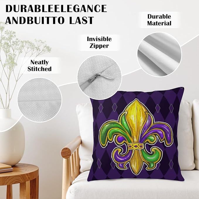 Mardi Gras Pillow Covers 22x22 Set of 2 Fleur De Lis Decorative Throw Pillows Purple Green Gold Outdoor Decorative Holiday Pillow Cases for Porch Sofa Couch Party Decor