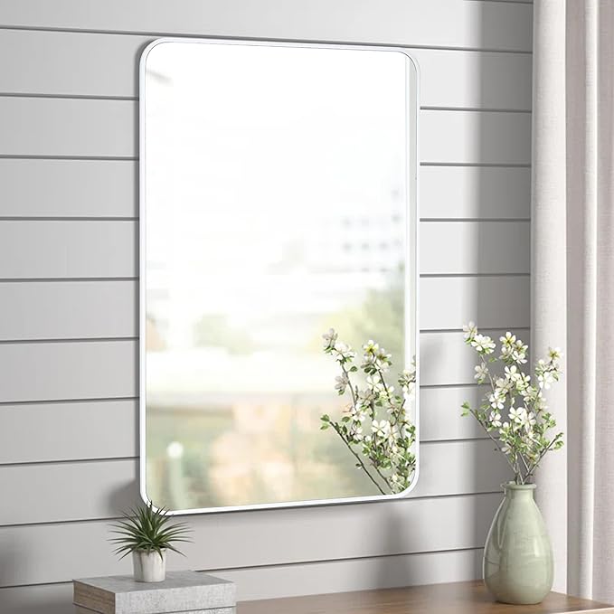 White Bathroom Mirror24x36 Inch, Rectangle Mirrors for Wall with Tempered Glass for Bedroom Living Room or Entryway (Horizontal/Vertical Hanging)