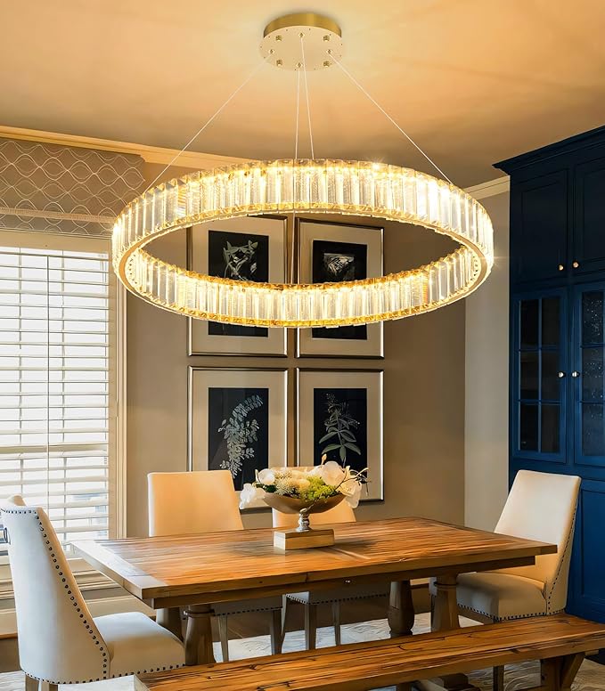 24'' Modern Ring Chandelier Crystal Chandeliers for Dining Room Round LED Dimmable Ceiling Light Fixture for Living Room Bedroom Lighting Gold