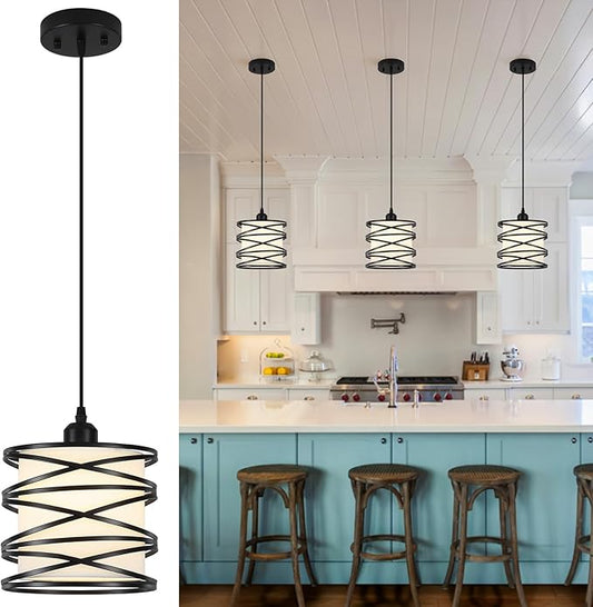 Farmhouse Pendant Island Light Fixtures, Metal Hanging Light Fixtures with Fabirc Lighting for Dining Room Bedroom Bar Office, Industrial Black, 1 Pack - ETL Certified