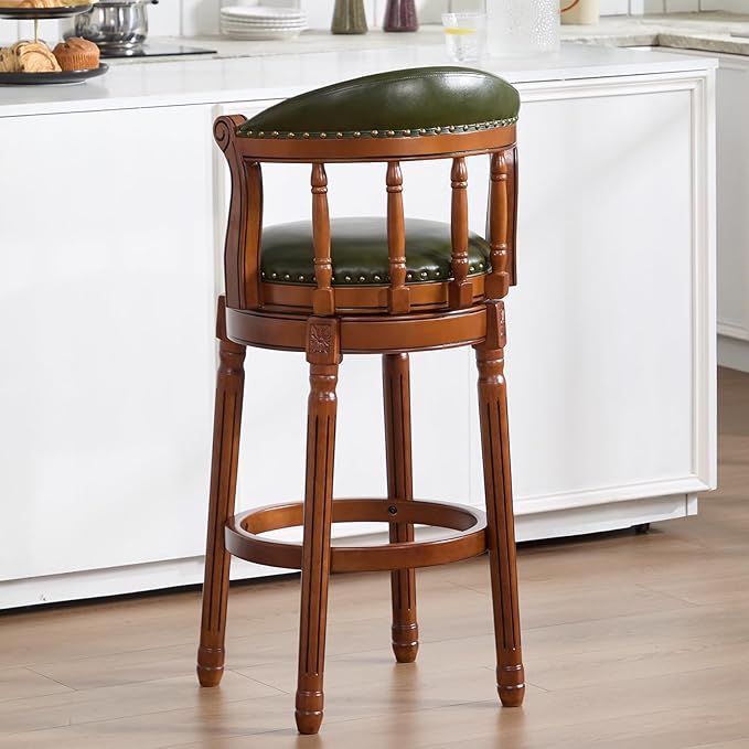 Cow top Leather Wooden Bar Stools, 29.5" Height Bar Chair with Back, 180 Degrees Swivel Bar Stools Chair for Home Kitchen Counter,Restaurant,1pc (Green-1pc, Bar Seat Height 29.5in)