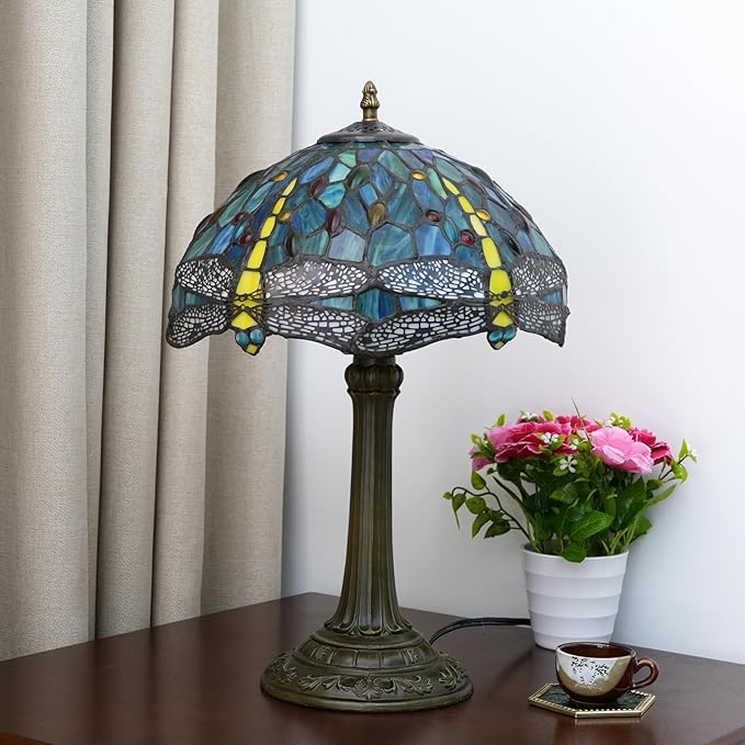 Tiffany Lamp Dragonfly Style Green Stained Glass Lamp Bedroom Table Lamp Reading Desk Light for Bedside Living Room Office Dormitory Dining Room Decorate Gift