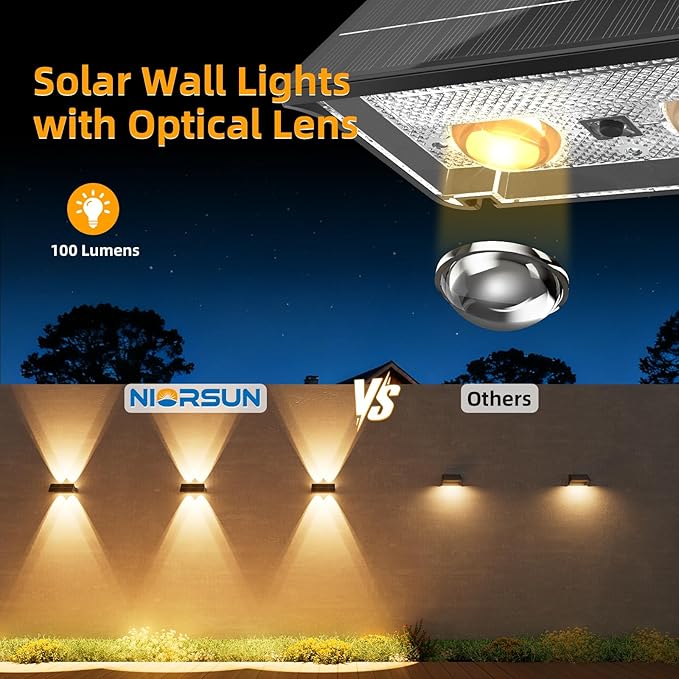 NIORSUN Solar Fence Lights Outdoor, 16 Pack Up and Down Waterproof Solar Wall Lights, Fence Lights with Lens, Warm & Cool White + RGB, Dusk to Dawn Lighting for Patio, Backyard, Pool, Railing (Black)