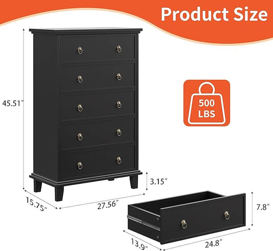 Black Dresser for Bedroom,Tall Dresser with Silent Drawer Slide,Wooden Chest of Drawers 5 Drawers,Storage Tower for Bedroom,Hallway, Entryway