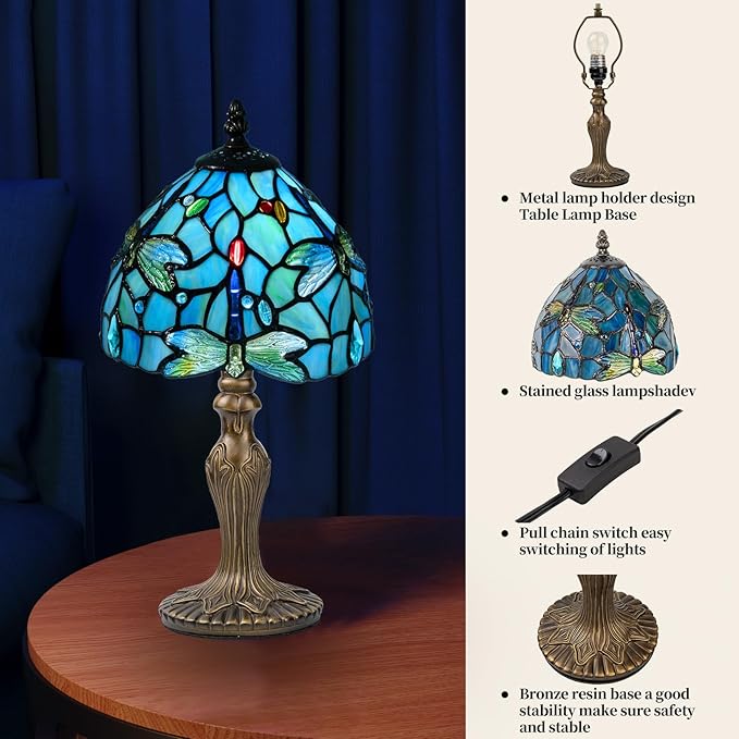 Small Tiffany Table Lamp, 3 Color-Temperature Dragonfly Stained Glass Lamp,8 Inch Tiffany Style Lamp for Bedroom Living Room Home, Handcrafted Light, Included Bulb (Blue)