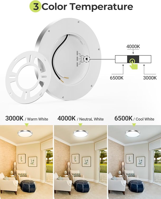 hepside 2PACK LED Flush Mount Ceiling Light - 3CCT Selectable 3000K-4000K-6500K & 100W Equivalent Modern Kitchen Recessed Ceiling Lamp 24W 3200Lm 12 Inch for Bathroom Closet Laundry Bedroom Hallway