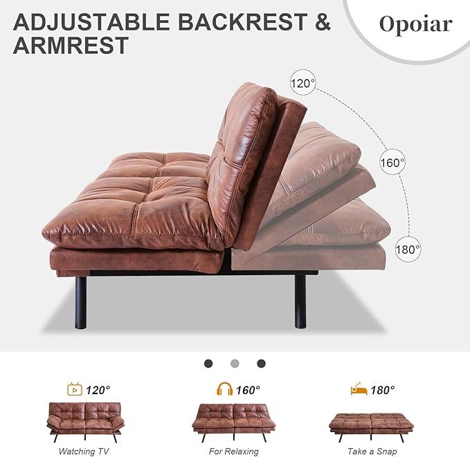 Opoiar Leather Brown Futon Sofa Bed Convertible Memory Foam Couch Bed Futon Sets Folding Modern Sleeper Sofa Loveseat for Studio,Drom,Apartment,Game Room and Small Space