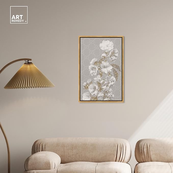 Art Remedy Floral in Classic Fashion Canvas Delicate Farmhouse Wall Art, Gold Frame, 20" x 30"