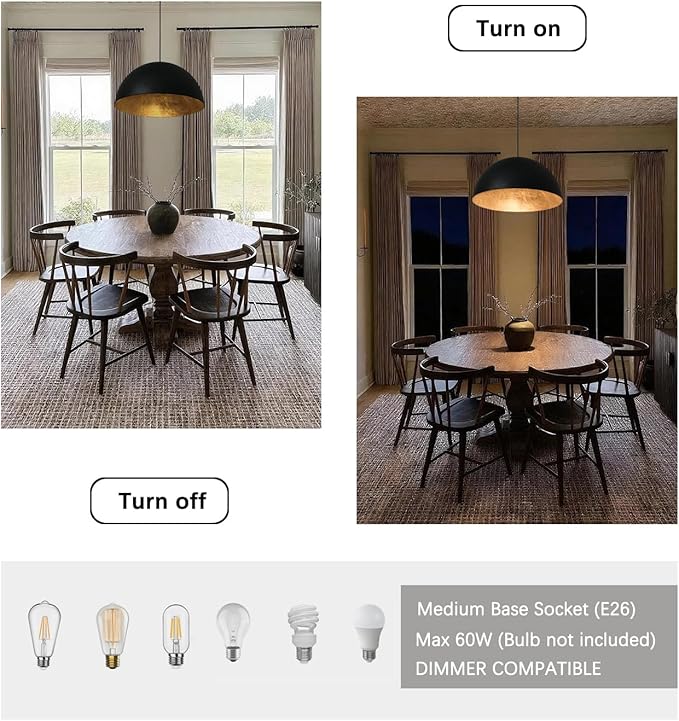 15 Inch Black and Gold Pendant Light, Bold Textured Matte Black Dome with Hand-Applied Gold Leaf Interior, Hanging Chandelier Fixture for Kitchen Island, Dining Room, or Bar