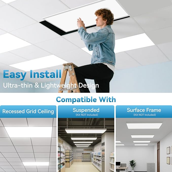 2x4 LED Flat Panel Light Drop Ceiling Office Fixture, 5 CCT 3000K-6500K Adjustable & 5 Wattage Selectable,0-10V Dimmable, 2X4 LED Flush Mount Ceiling Light, ETL Listed 12Pack