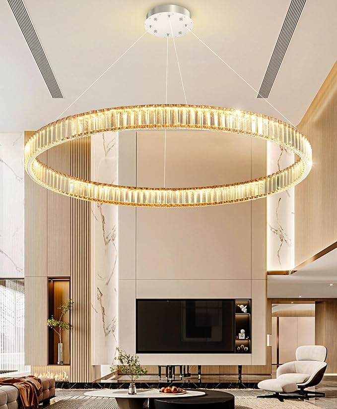 40'' Modern Ring Chandelier Crystal Chandeliers for Dining Room Round LED Dimmable Ceiling Light Fixture for Living Room Bedroom Lighting Silver