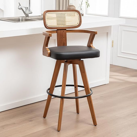 Set of 1 Counter Height Bar Stool - 27 inch Swivel Counter Stool with Walnut Craftsmanship, Cane Back, Upholstered Faux Leather, Kitchen Island Stool for Island/Pub/Kitchen- Black