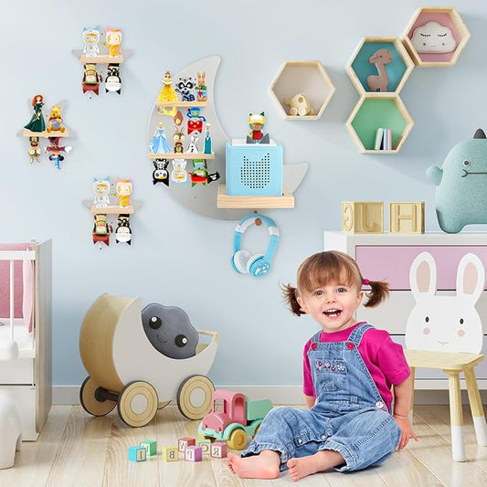 Moon + Stars for Toniebox 1/2 Tonies Figures Organizer Storage Shelf Wall Mounted, Magnetic Floating Shelves for Toniebox Player, Characters, Earphones, Display Collection 20~30 Characters (Gray)