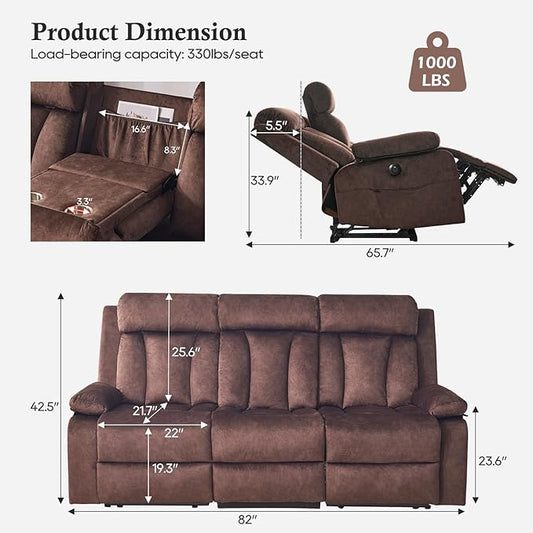 Power Reclining Sofa with Heat&Massage, Reclining Couch with Multi-Function Console/USB Ports/Type C, Wall Hugger 3 Seater-Sofa Recliner, Reclining Sofa Couch for Living Room