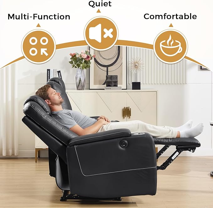 ANJ Power Recliner Sofa Set with 1 Recliner and 2 Seater Loveseat, Electric Reclining PU Leather Living Room Furniture with USB Ports, Cup Holders and Hidden Arm Storage, Black