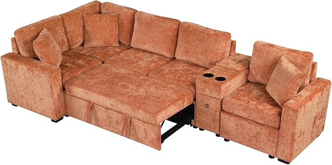 ERYE 120.5-Inch Oversized Sleeper Sectional Sofa W/Pull Out Sleeper Couch Bed, Modern Chenille Upholstered Reversible Modular Sectional Sleeper Sofa with Console & Cupholders | Storage