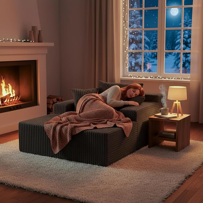 Sytopia Chaise Lounge with Armrests, Oversized Sofa Bed with 3 Pillows, Cozy Couch, Sleeper Reading Chair for Living Room Bedroom, Floor Sofa Corduroy, Furniture Sala, Volcanic Ash