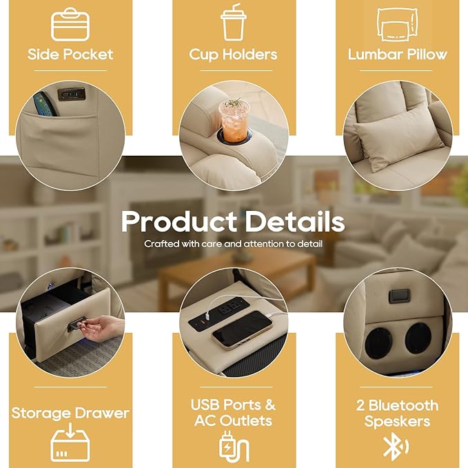 IPKIG Power Recliner Sofa with Flip-Up Backrest Console, USB & USB-C Ports, AC Outlet, LED Lights, Wall Hugger Recliners for Living Room, RV (Beige, 67" - 3 Seat) | Leathaire Fabric, Zero Gravity, Dual Reclining, 2 Lumabr Pillow, Bluetooth Speakers