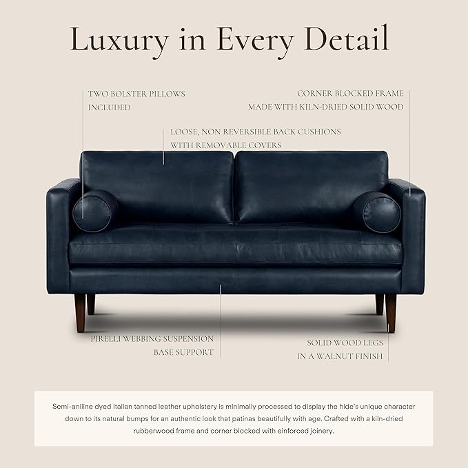 Poly & BARK Napa 72" Leather Sofa – Full-Grain Italian-Tanned Aniline Leather, Feather-Down Comfort, Solid Wood Frame, Walnut Legs, Midnight Blue