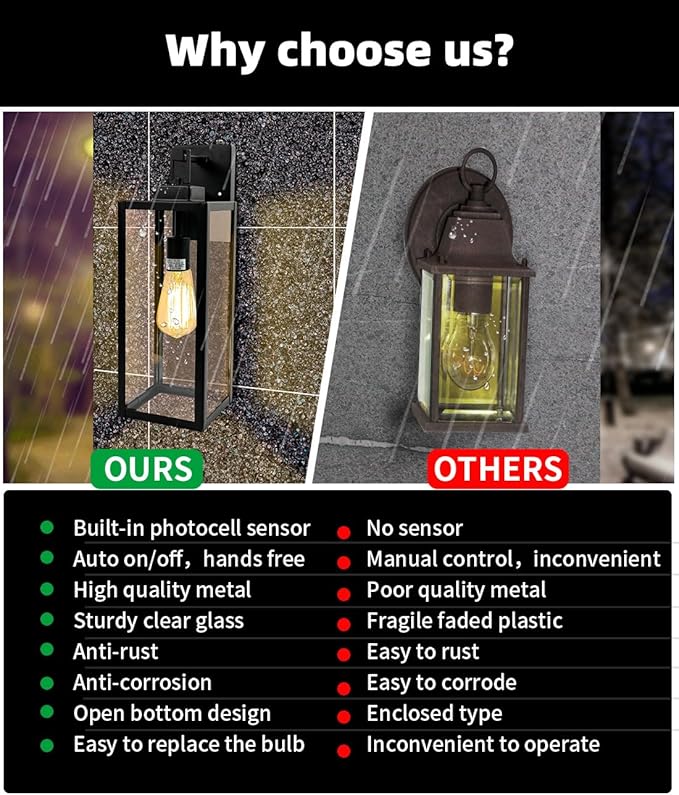 Dusk to Dawn Outdoor Wall Lantern - 18 Inch Exterior Wall Sconce with Sensor, Large Size Outdoor Wall Light for Porch Garage Light, E26 Socket, 1 Pack