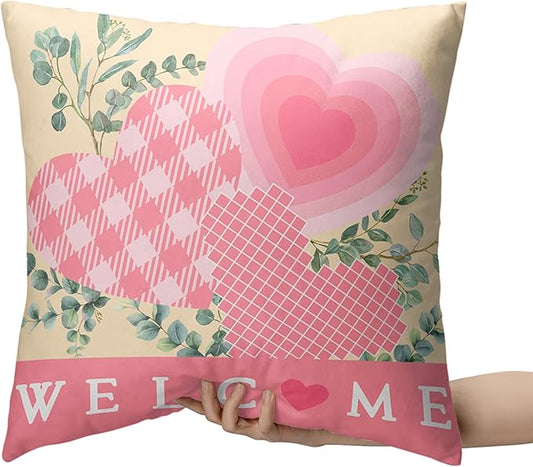 Spring Pillow Covers 18x18 Set of 2 Pink Heart Throw Pillow Covers Hearts with Eucalyptus Decorative Pillow Case Cushion Case for Couch Sofa