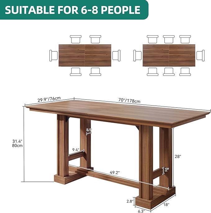 YITAHOME 70" Dining Table for 6–10 People, Farmhouse Rectangular Kitchen Table with Thick Base for Dining Room, Living Room, and Kitchen, Dark Walnut