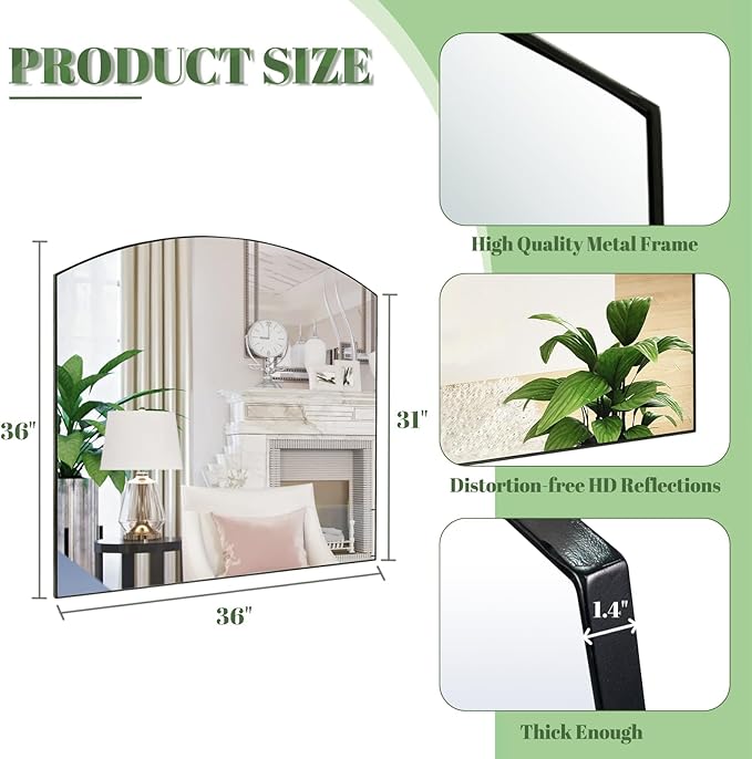 Matte Black Arched Window Mirror, 36" Metal Frame Decorative Wall Mirror, Windowpine Mirrors for Living Room, Bedroom, Entryway