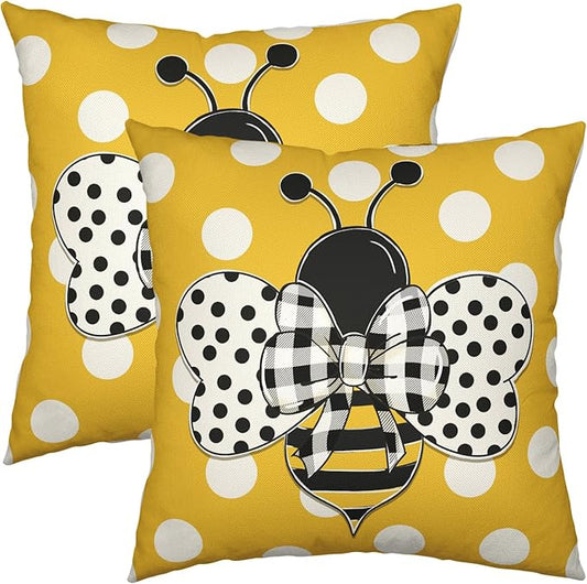 Bee Pillow Covers 22x22 Inch Spring Summer Bumblebee Farmhouse Decorative Pillowcase Set of 2 Yellow White Polka Dots Outdoor Pillows Cases Soft Linen Cushion Cover for Home Couch Sofa