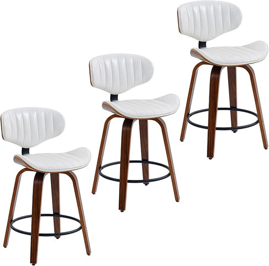 Counter Height Bar Stools Set of 3, 24 inch PU Leather Wooden Bentwood Barstools Swivel Modern Breakfast Bar Chairs with Backrest and Footrest for Kitchen Island, Dining Room D035-White-3