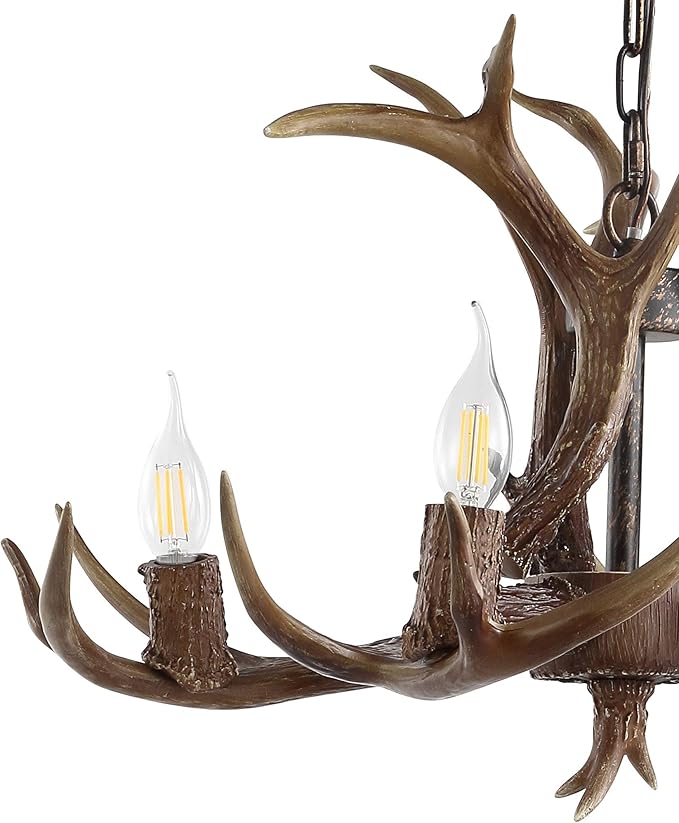 JONATHAN Y 26" Brown Rustic Resin Antler 4-Light LED Chandelier, Farmhouse Faux Deer Horn Hanging Ceiling Light for Dining Room, Kitchen Island, Adjustable Light Fixture JYL6301A