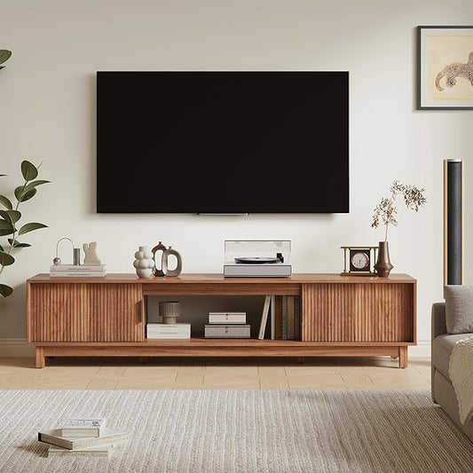 DUMOS 70" Mid Century Modern TV Stand, Mocha Brown Wood Entertainment Center with Storage Cabinets, Media Console Table with Straight Legs & Cable Management for Living Room, Bedroom, Office