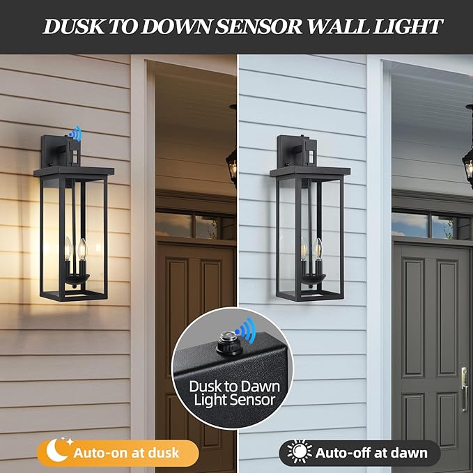 Large Exterior Lighting Fixtures Modern Wall Lantern,Outdoor Wall Lights with Clear Glass Shade,Outdoor Lamps for Patio Porch,Waterproof Outside Exterior Lights，Dusk to Dawn 22IN-1 Pack