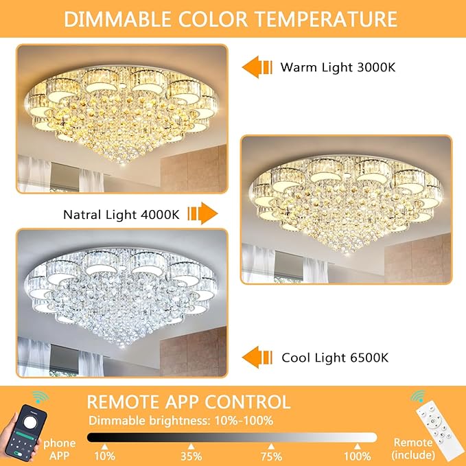 47'' Silver Modern Crystal Chandeliers for Dining Room LED Dimmable Light Fixtures Flush Mount Light Living Room Bedrooms