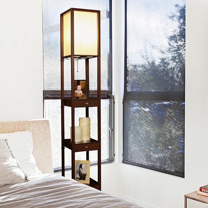 Brightech Maxwell Drawer Edition - Modern Shelf Floor Lamp with Drawer - Corner Display Floor Lamps with Shelves for Living Room, Bedroom and Office - Havana Brown