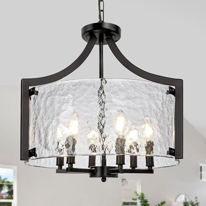 6-Light Black Chandelier, Glass Hanging Pendant Lighting, Convertible Semi Flush Mount Ceiling Light Fixture Modern Textured Glass Chandeliers for Dining Room Kitchen Foyer Entryway