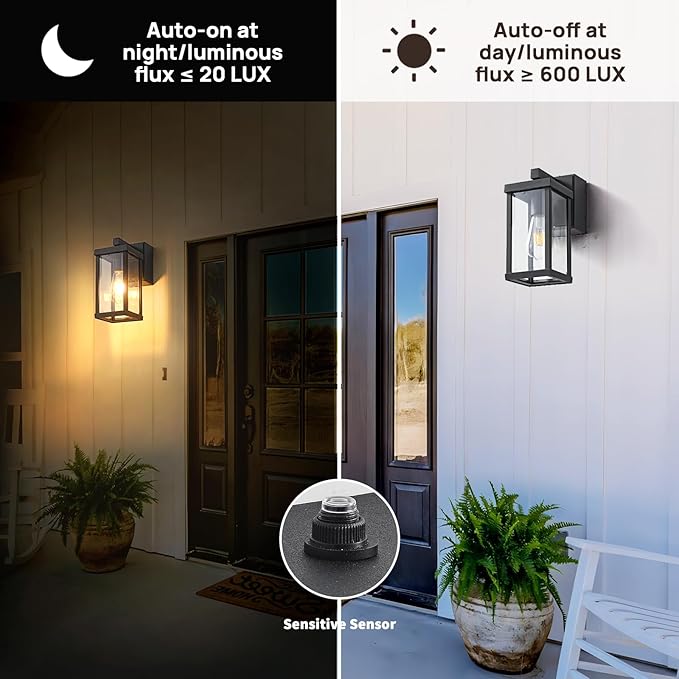 Dusk to Dawn Porch Lights with GFCI Outlets Waterproof Outdoor Wall Lights Exterior Lighting Fixtures Modern Outside Lights Wall Mount for House Patio Garage,Black,11.8''H, 2 PC