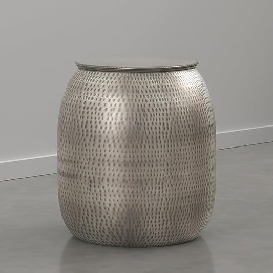 SIMPLIHOME Griffen Metal Storage Accent Table - 19 inch Wide Solid Metal Round Drum Side Table in Antique Nickel, Industrial End Table for Living Room with Hidden Storage Space, Assembled