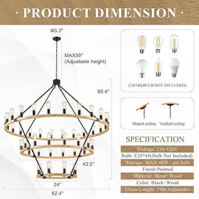 48 Lights 3 Tier Extra Large Wooden Wagon Wheel Chandelier Natural Farmhouse 63'' High Ceiling Black Rustic Round Wood Pendant Light Fixture for Living Room Foyer Villa Staircases