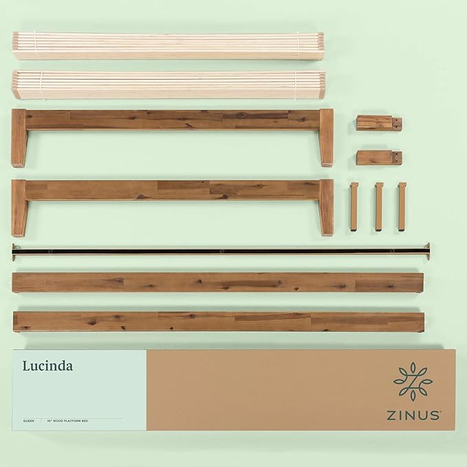Zinus Lucinda Wood Platform Bed Frame, No Box Spring Needed, Solid Wood Foundation with Wood Slat Support, Easy Assembly, Queen