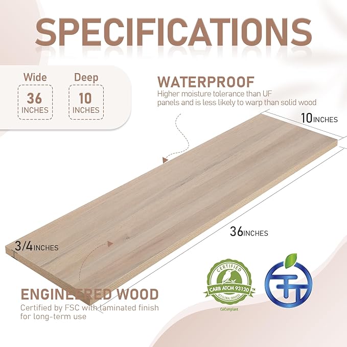 Kaboon 36 inch Long 10 inch Deep Floating Shelves for Wall Set of 2, Large Open Shelves Wall Mounted, Space Saving Home and Commercial Use, Oak/Grey Tone