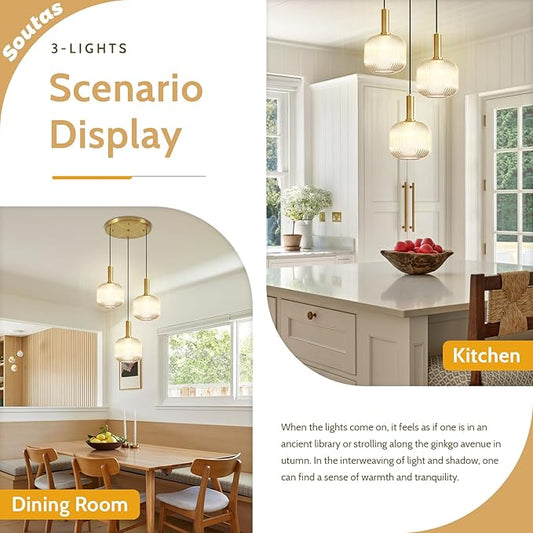 Gold Cluster Pendant Lights, 3-Light Dining Room Light Fixture Over Table, Modern Kitchen Island Chandelier, Multi Light Pendant Lighting Fixtures Ceiling Hanging with Amber Glass Shade
