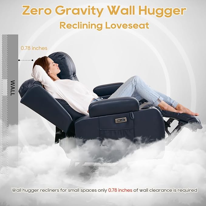 IPKIG Power Recliner Sofa with Flip-Up Backrest Console, USB & USB-C Ports, AC Outlet, LED Lights, Wall Hugger Recliners for Living Room, RV (Dark Blue, 67" - 3 Seat) | Breathable Leather, Zero Gravity, Dual Reclining, 2 Lumabr Pillow, Bluetooth Speakers