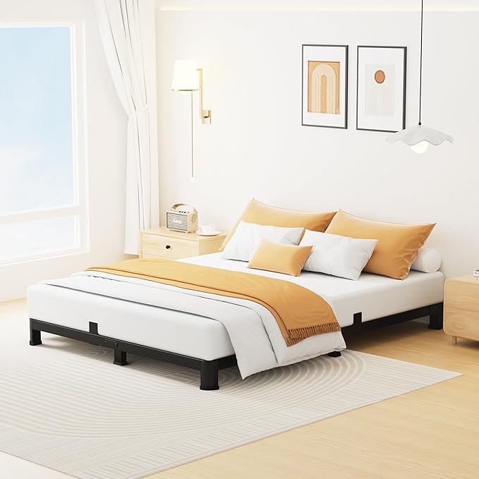 4 Inch Queen Bed Frame Low Profile, Heavy Duty Metal Platform Bed Frame with Round Corner Legs, Sturdy Mattress Foundation, No Box Spring Needed, Easy Assembly, Noise Free, Black