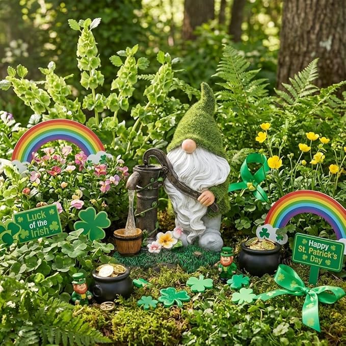 TERESA'S COLLECTIONS Garden Outdoor Decor, Garden Gnomes Decor with Solar Lights, St Patricks Decorations for Outdoor Decor, Waterproof Resin Decorations for Porch Patio, Gift for Dad and Mom, 10"