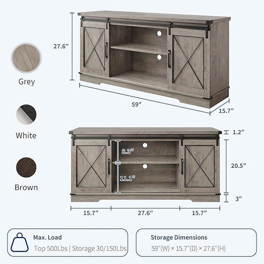 GarveeHome Farmhouse TV Stand for TV up to 65 in and Entertainment Center with Sliding Barn Doors and Adjustable Shelf, Tv Media Console Table with Storage Cabinet for Living Room, Bedroom, Grey