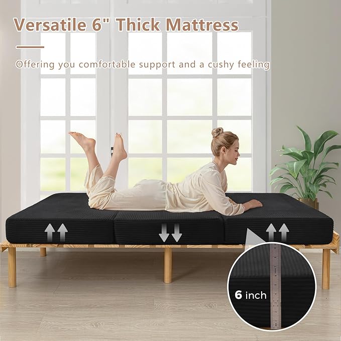 BYBYME Tri-Folding Corduroy Mattress, 6 Inch Gel Folding Mattress Topper, Foldable Soft Guest Bed Camping Pad, Washable Cover (Black, Twin)