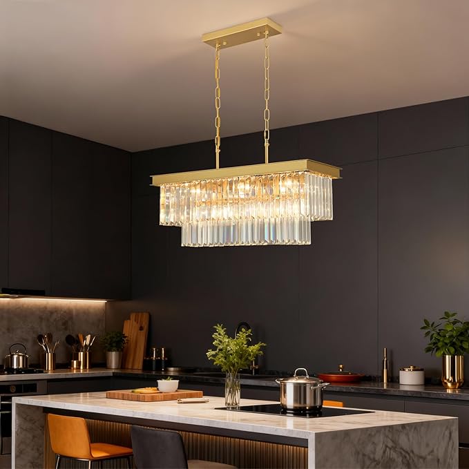 Crystal Chandeliers for Dining Room Light Fixtures Over Table，9-Lights Gold Modern Rectangle Chandeliers for Kitchen Island Bar L28 Inch